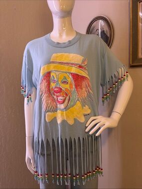 Fringed Light Blue Clown Graphic Short Sleeve Tee